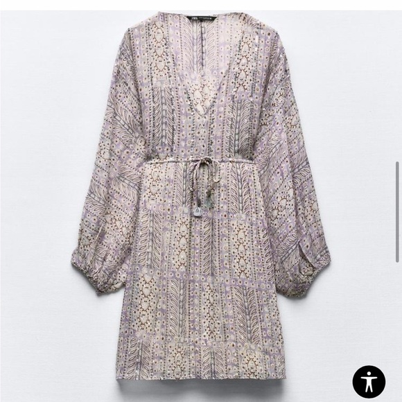 Zara Sequined Boho Dress Long Sleeve White Purple Festival Size Small - Picture 15 of 15